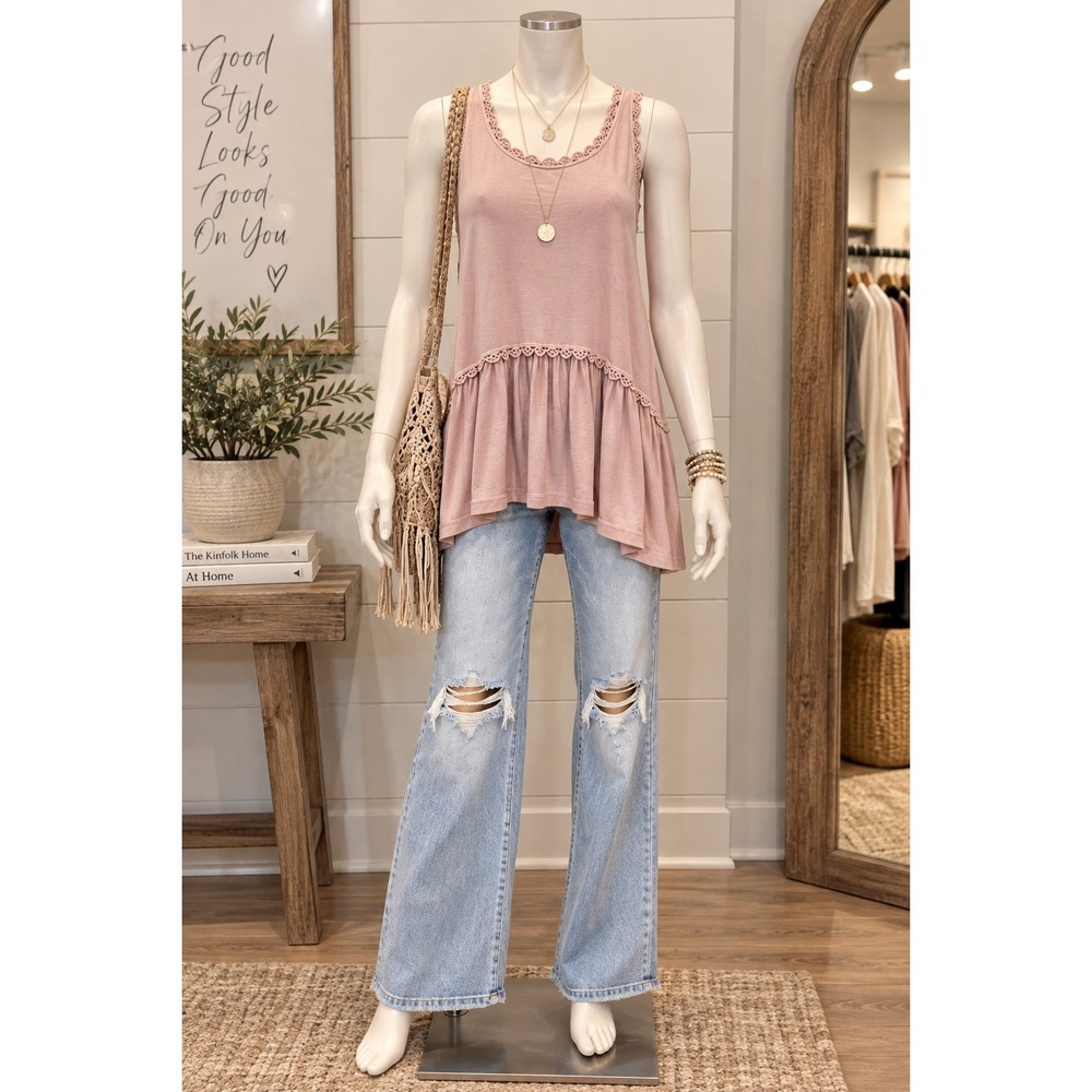 POL Pink Lace Boho Swing Tunic Small